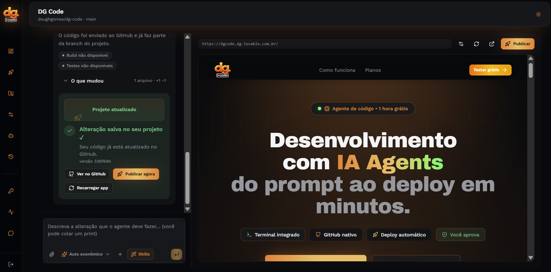 Editor do DG Code mostrando o painel do agente e a preview ao vivo
